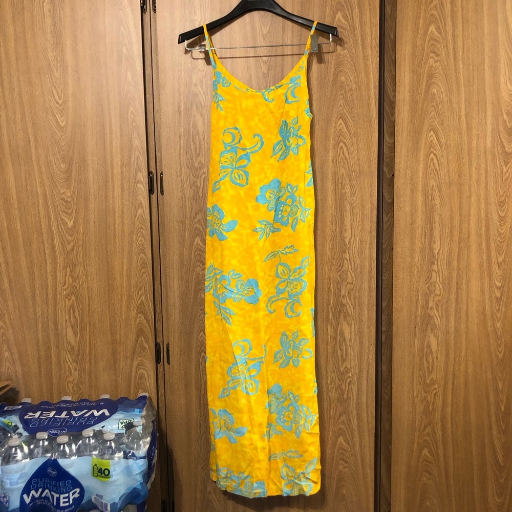 Sunshine Floral Slip Maxi Dress in Yellow with Blue Print